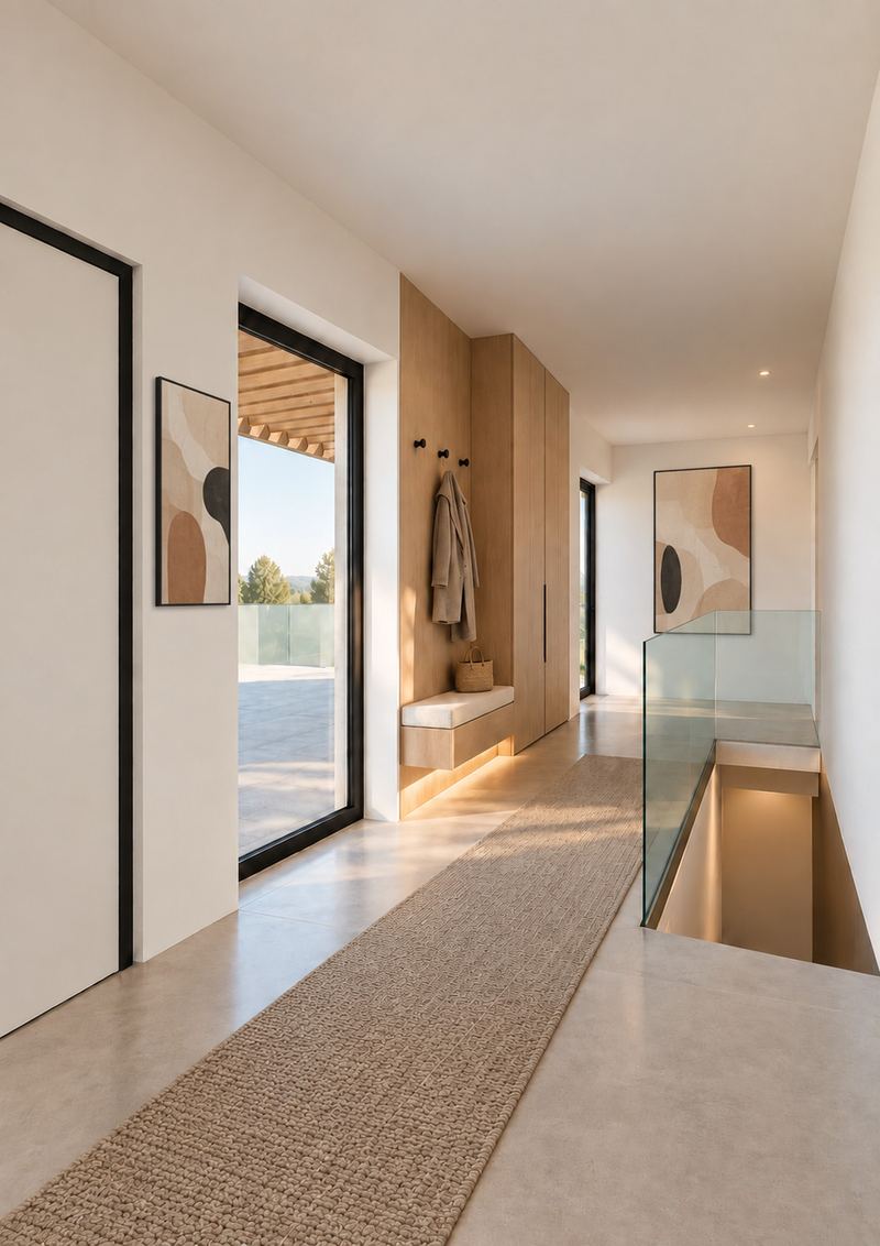 Eingangsbereich mit Garderobe und Blick auf die Terrasse
