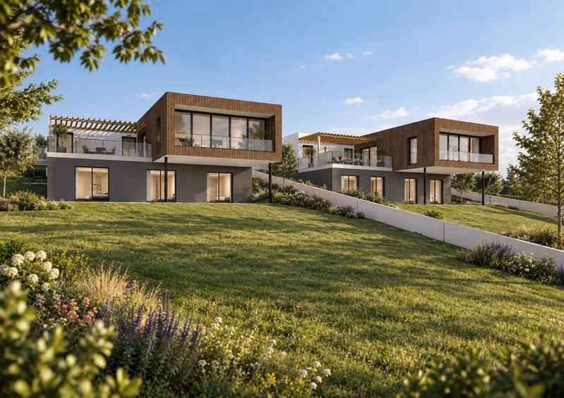 Die zwei Einfamilienhäuser von der Gartenseite: oben Holzkubus mit Lärchenfassade und Glasbrüstung, darunter das verputzte Gartengeschoss, davor eine weite Wiese
