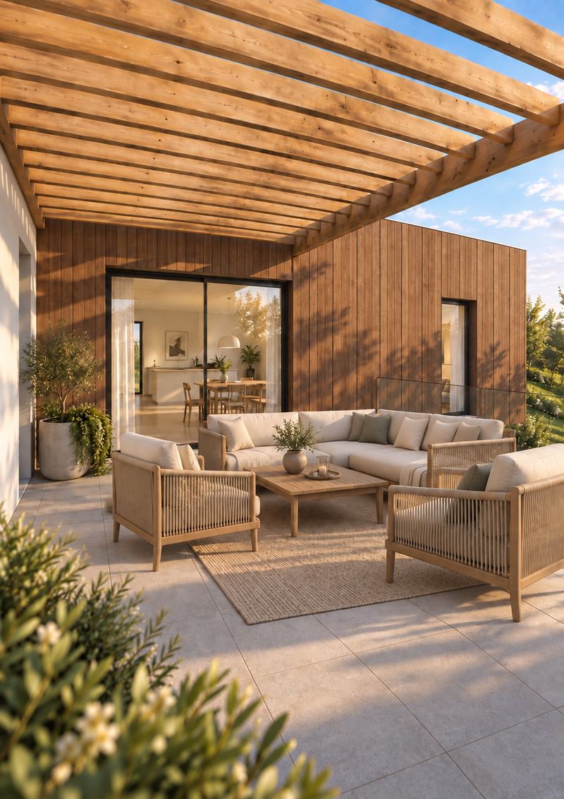 Terrasse unter der Holzpergola mit Lounge-Möbeln vor der Lärchenfassade und der Glasschiebetür zum Wohnraum